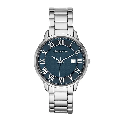 Claiborne® Mens Silver-Tone Blue Dial Watch