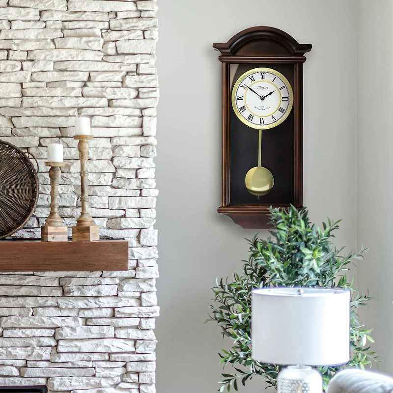Bedford Clock Collection George 22" Chestnut Wood Chiming Pendulum Wall Clock