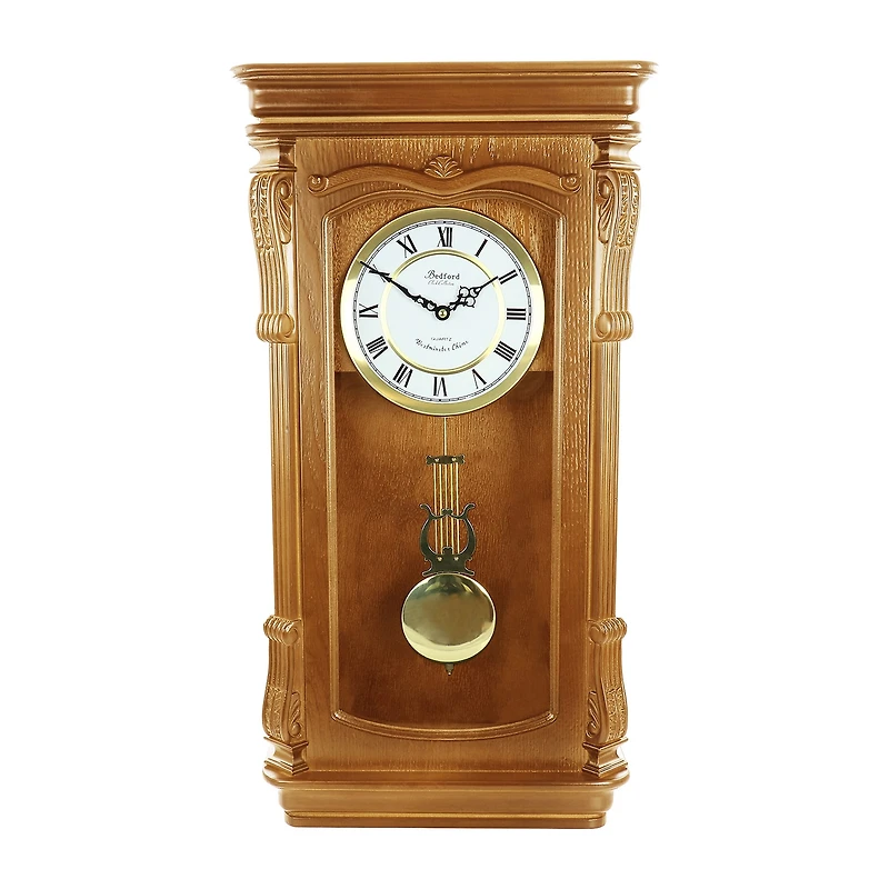 Bedford Clock Collection Golden Oak Chiming Pendulum Wall Clock