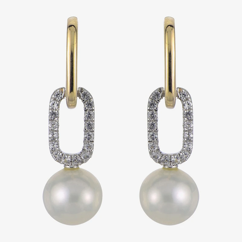 Womens White Cultured Freshwater Pearl 14K Two Tone Gold Over Silver Paperclip Drop Earrings
