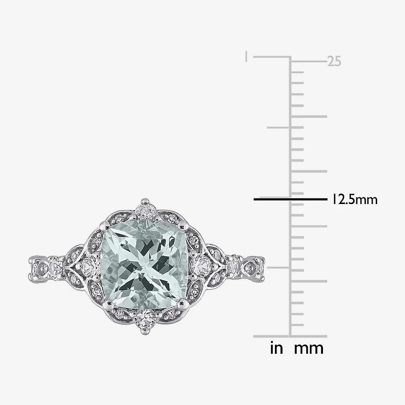 Modern Bride Gemstone Womens Diamond Accent Genuine Blue Aquamarine 14K Gold Cushion Engagement Ring