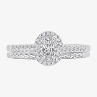 Oval 1/2 CT.T.W. Natural Diamond Side Stone Halo Bridal Set 10K or 14K White Gold