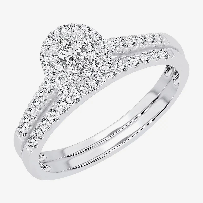 Oval 1/2 CT.T.W. Natural Diamond Side Stone Halo Bridal Set 10K or 14K White Gold