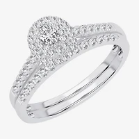 Oval 1/2 CT.T.W. Natural Diamond Side Stone Halo Bridal Set 10K or 14K White Gold