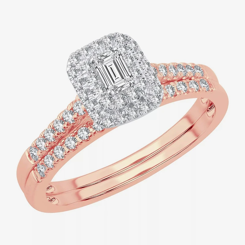 1/2 CT.T.W. Natural Diamond Side Stone Halo Bridal Set 10K or 14K Gold