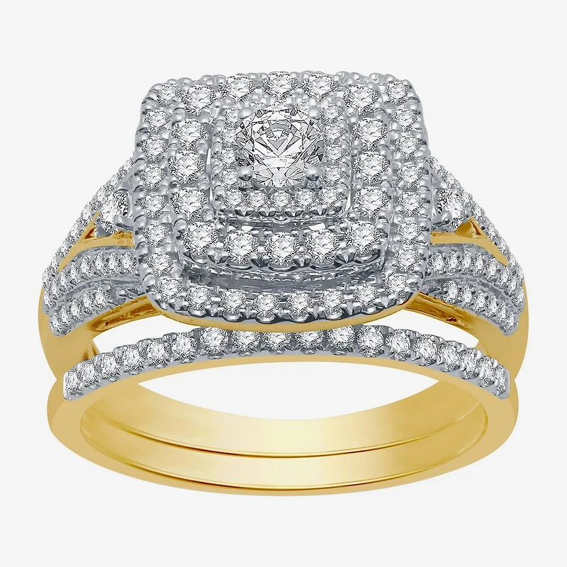 (H-I / I1) Womens 1 CT. T.W. Lab Grown White Diamond 10K Gold Cushion Side Stone Halo Bridal Set