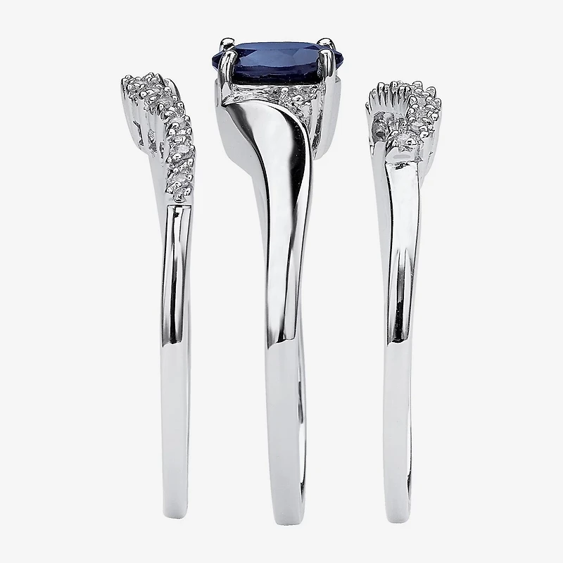DiamonArt® Womens 1 1/10 CT. T.W. Genuine Blue Sapphire Platinum Over Silver Oval Bridal Set