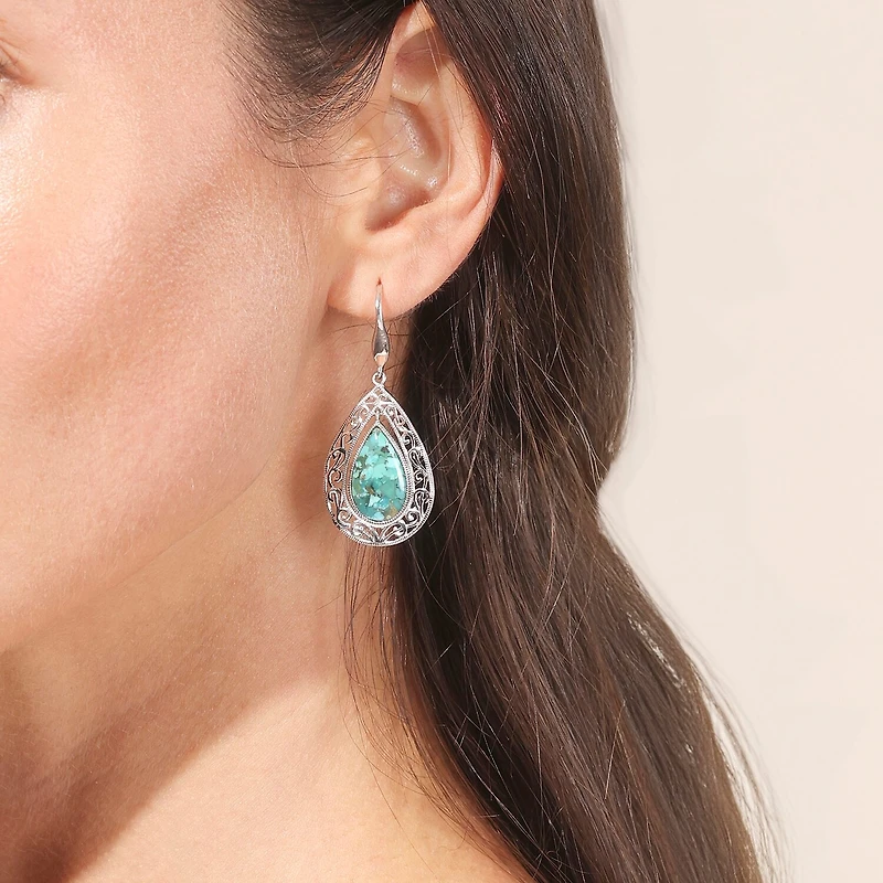 Womens Blue Turquoise Sterling Silver Drop Earrings
