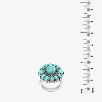 Womens Blue Turquoise Sterling Silver Flower Round Cocktail Ring