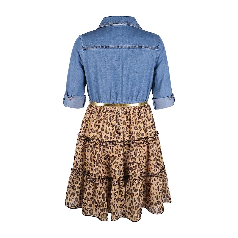 Lilt Little & Big Kid Girls Long Sleeve Midi Leopard Shirt Dress