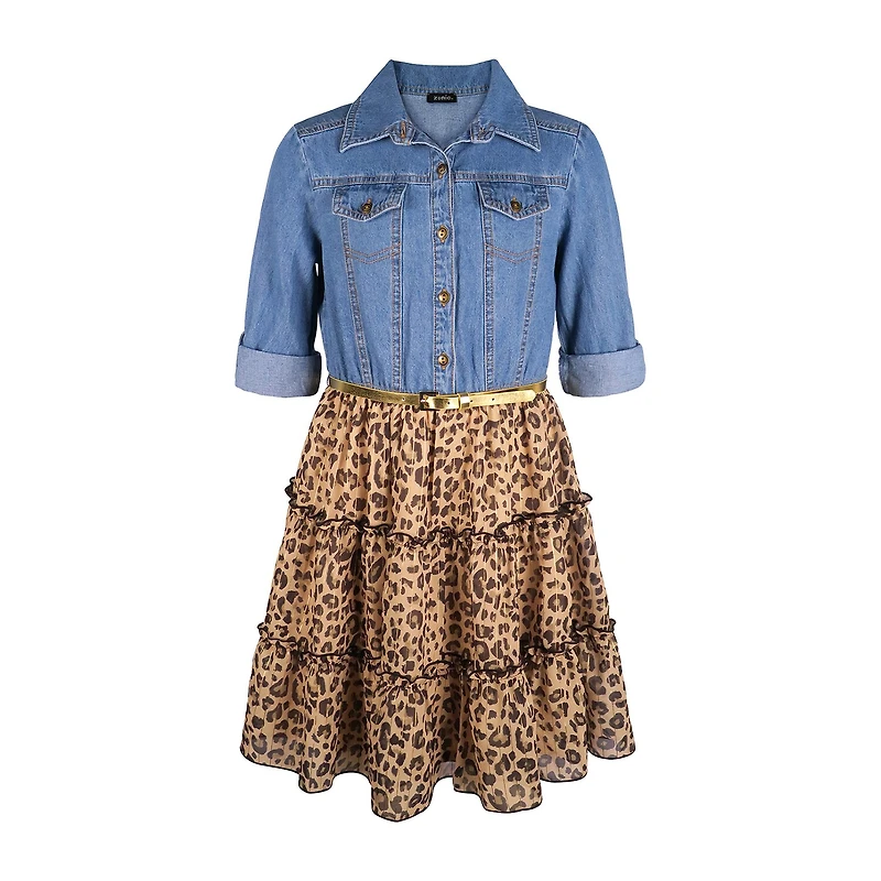 Lilt Little & Big Kid Girls Long Sleeve Midi Leopard Shirt Dress