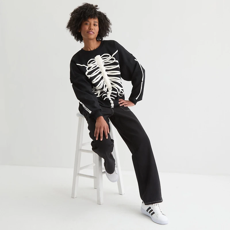 Skeleton Womens Juniors Crew Neck Long Sleeve Sweatshirt