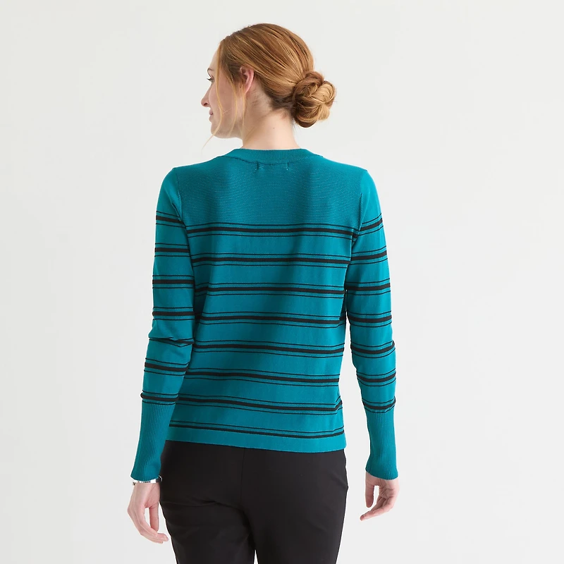 Liz Claiborne Womens Crew Neck Long Sleeve Striped Pullover Sweater