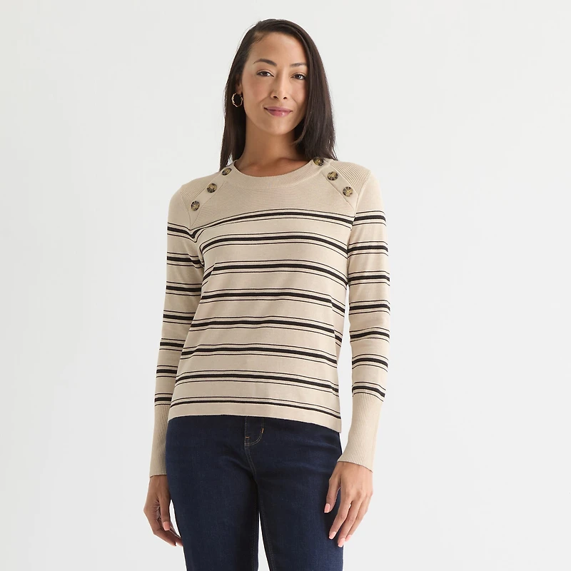 Liz Claiborne Womens Crew Neck Long Sleeve Striped Pullover Sweater