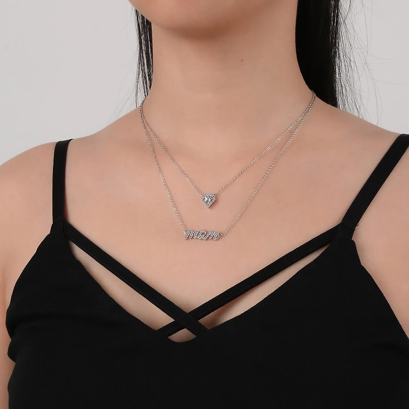 Diamonart Layered Look "Mom" Womens White Cubic Zirconia Sterling Silver Heart 16 Inch Pendant Necklace