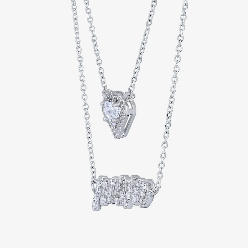 Diamonart Layered Look "Mom" Womens White Cubic Zirconia Sterling Silver Heart 16 Inch Pendant Necklace