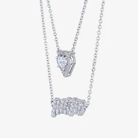 Diamonart Layered Look "Mom" Womens White Cubic Zirconia Sterling Silver Heart 16 Inch Pendant Necklace