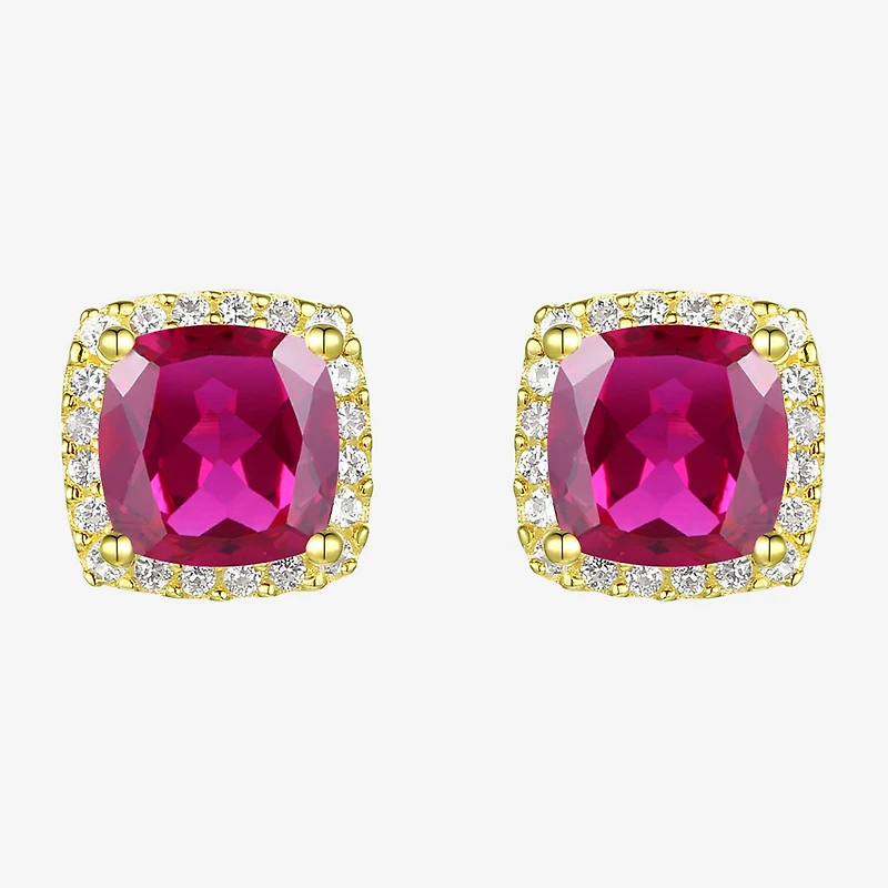 Lab Created Red Ruby 14K Gold Over Silver 6.5mm Cushion Stud Earrings