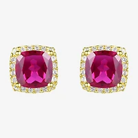 Lab Created Red Ruby 14K Gold Over Silver 6.5mm Cushion Stud Earrings