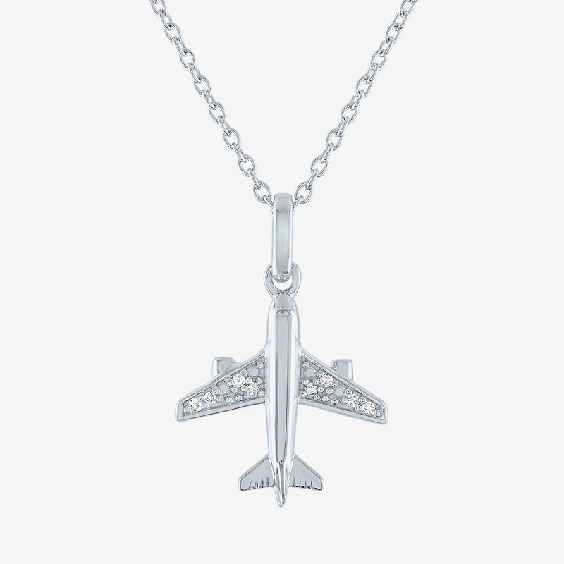"Travel" (G-H / I1-I2) Airplane Womens Diamond Accent Lab Grown White Diamond Sterling Silver 16 Inch Pendant Necklace