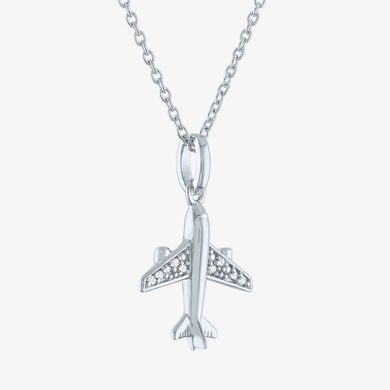 "Travel" (G-H / I1-I2) Airplane Womens Diamond Accent Lab Grown White Diamond Sterling Silver 16 Inch Pendant Necklace