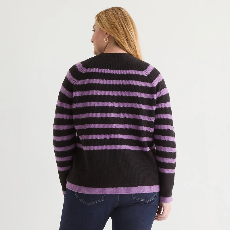 Liz Claiborne Plus Womens Crew Neck Long Sleeve Striped Pullover Sweater