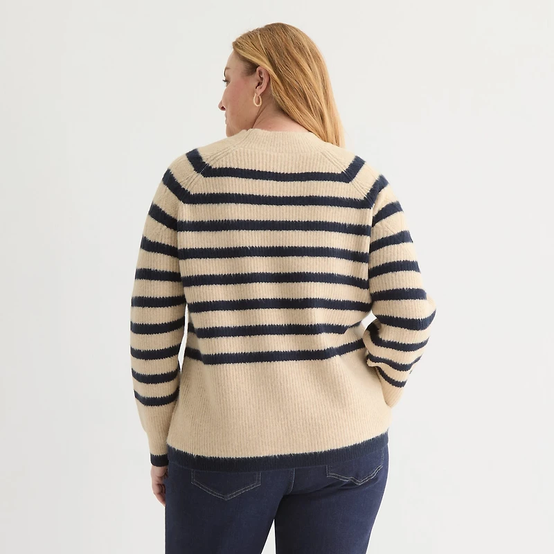 Liz Claiborne Plus Womens Crew Neck Long Sleeve Striped Pullover Sweater