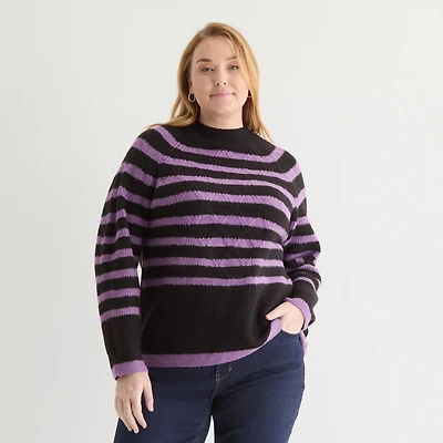 Liz Claiborne Plus Womens Crew Neck Long Sleeve Striped Pullover Sweater