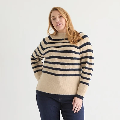 Liz Claiborne Plus Womens Crew Neck Long Sleeve Striped Pullover Sweater