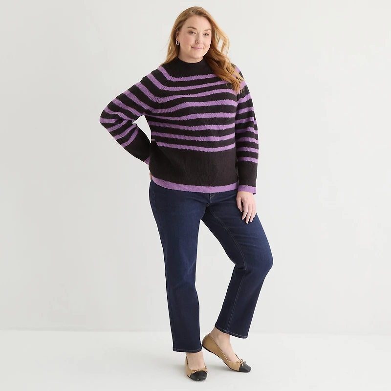 Liz Claiborne Plus Womens Crew Neck Long Sleeve Striped Pullover Sweater