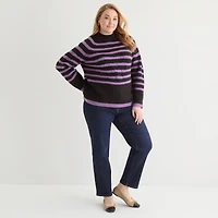 Liz Claiborne Plus Womens Crew Neck Long Sleeve Striped Pullover Sweater