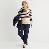 Liz Claiborne Plus Womens Crew Neck Long Sleeve Striped Pullover Sweater
