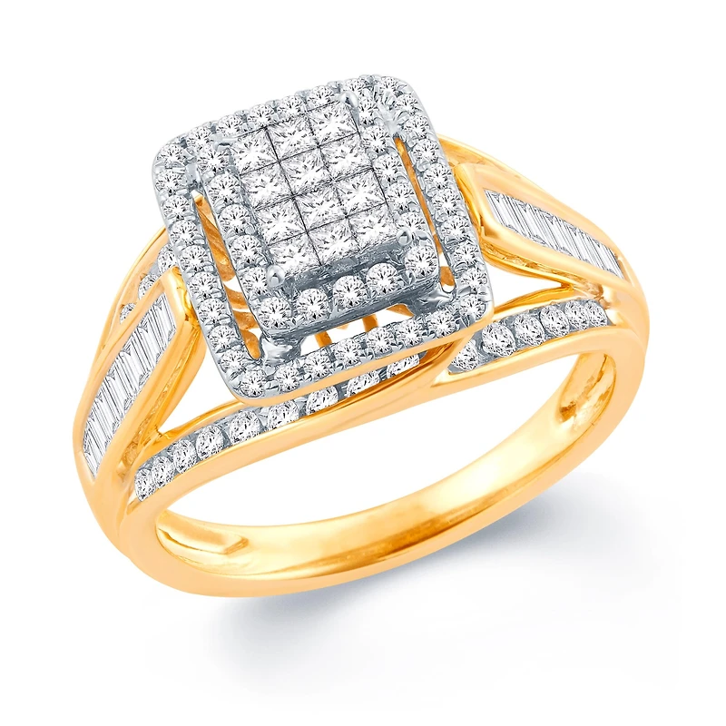 Womens 1/ CT. T.W. Natural White Diamond 10K Gold Side Stone Halo Engagement Ring