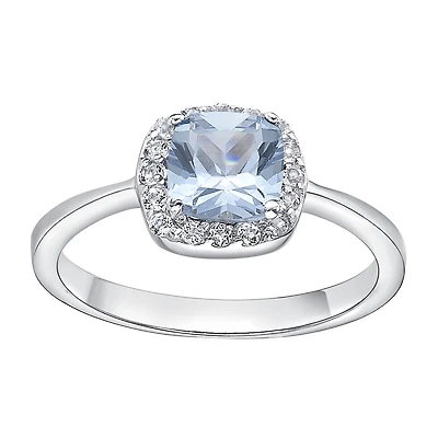 Cushion-Cut Simulated Aquamarine and Genuine White Topaz Sterling Silver Ring