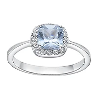 Cushion-Cut Simulated Aquamarine and Genuine White Topaz Sterling Silver Ring