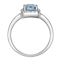 Cushion-Cut Simulated Aquamarine and Genuine White Topaz Sterling Silver Ring