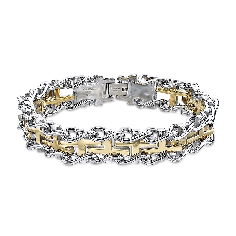Mens Stainless Steel and Gold Ion Plated Cross Link Bracelet