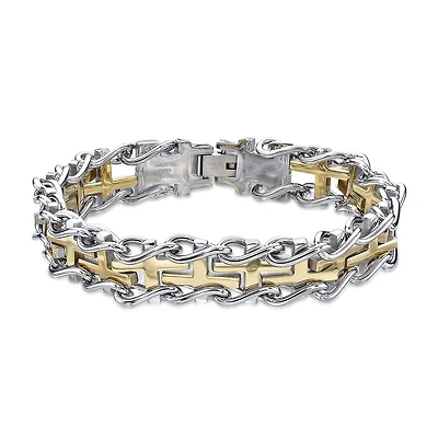 Mens Stainless Steel and Gold Ion Plated Cross Link Bracelet