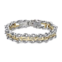 Mens Stainless Steel and Gold Ion Plated Cross Link Bracelet