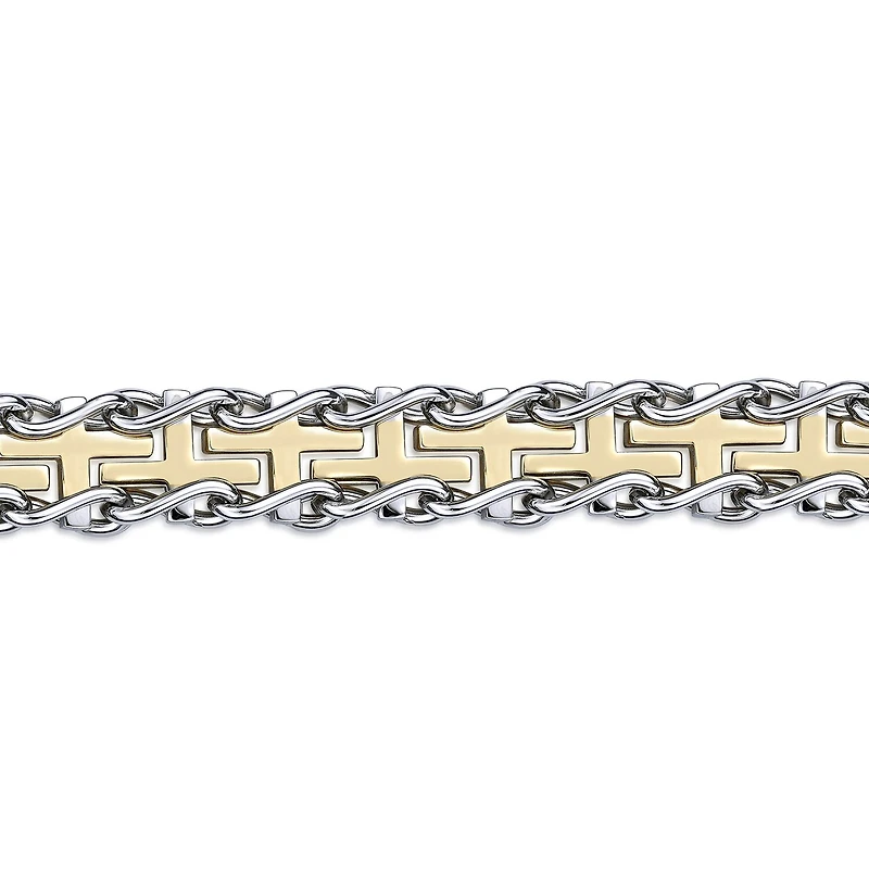 Mens Stainless Steel and Gold Ion Plated Cross Link Bracelet