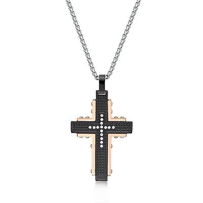 Mens Cubic Zirconia Black Stainless Steel and Rose IP Textured Cross Pendant Necklace