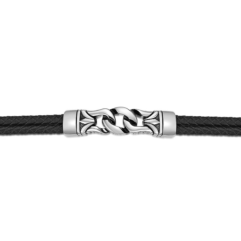 Mens Black Leather and Stainless Steel Chain Bracelet