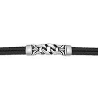 Mens Black Leather and Stainless Steel Chain Bracelet