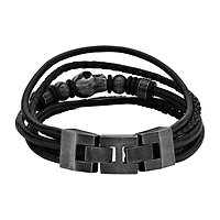 Mens Black Leather and Stainless Steel Skull Bracelet