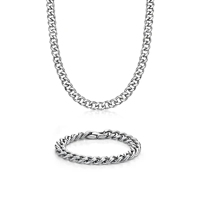Mens Stainless Steel 12mm Chunky Curb Chain & Bracelet Boxed Set