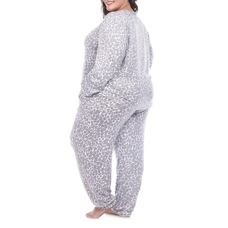 White Mark Womens Round Neck Long Sleeve 2-pc. Plus Pajama Set