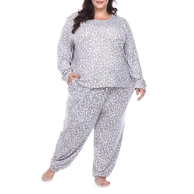 White Mark Womens Round Neck Long Sleeve 2-pc. Plus Pajama Set