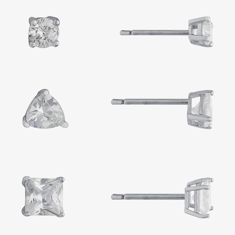 Silver Treasures Womens Cubic Zirconia Sterling Silver Pear Round Square 3 Pair Earring Set