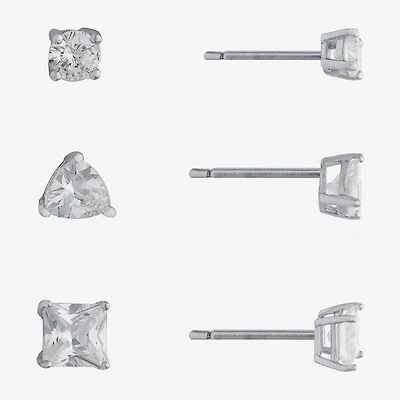 Silver Treasures Womens Cubic Zirconia Sterling Silver Pear Round Square 3 Pair Earring Set