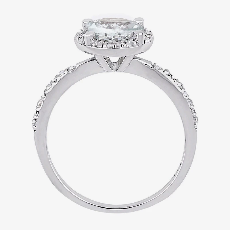 Modern Bride Gemstone Womens Diamond Accent Genuine Blue Aquamarine Sterling Silver Round Side Stone Halo Engagement Ring